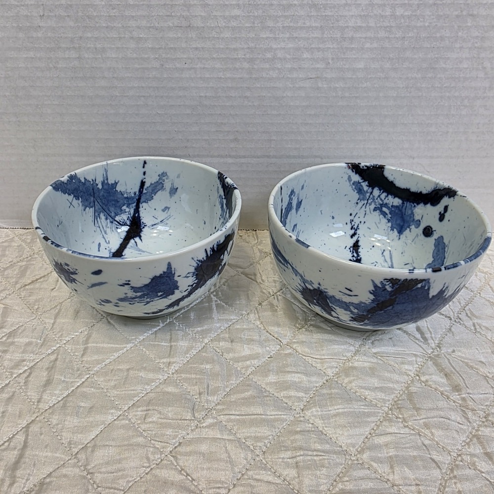 Miya Made in Japan Blue Sumi Splash Paint Abstract Art Porcelain Rice Bowls